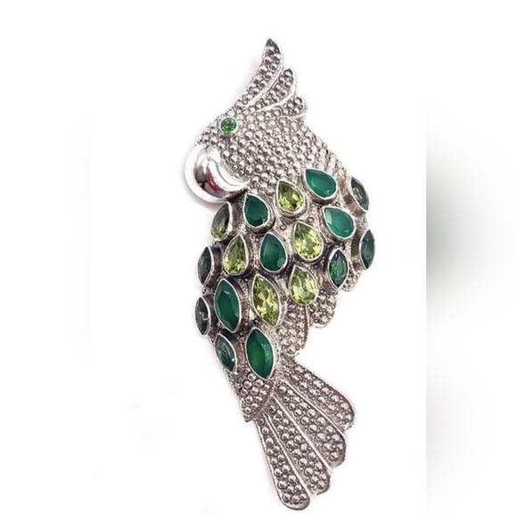 Nicky Butler 925 Sterling Silver Parrot Brooch Pendant Green Chalcedony Peridot